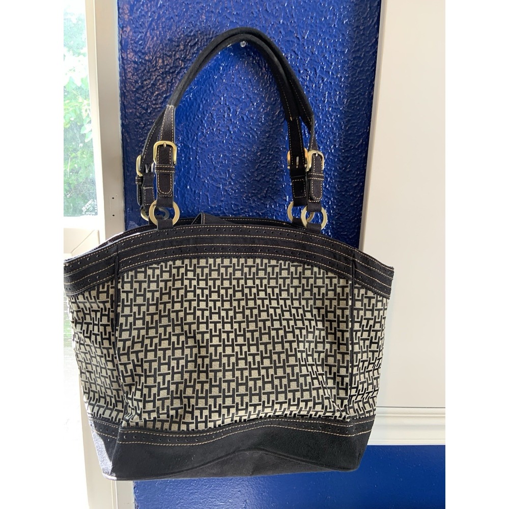 Tommy Hilfiger Signature Jacquard Tote Bag Black Beige Purse 16x12